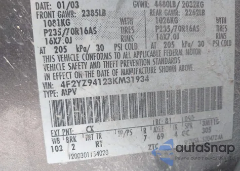 2003 Mazda Tribute Lx V6 из США, поврежденный, VIN 4F2YZ94123KM31934